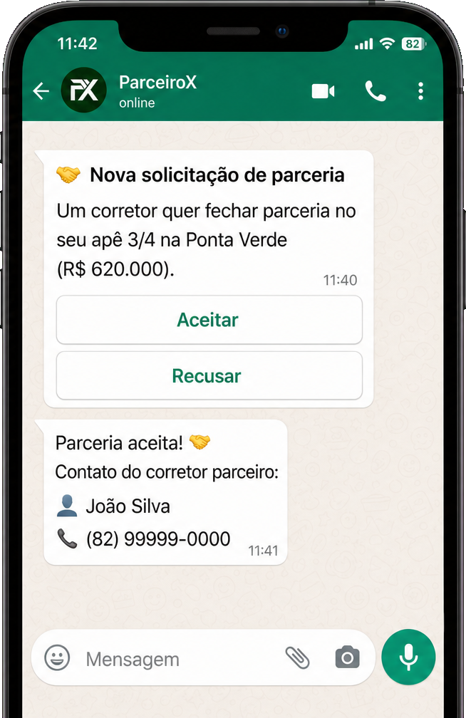 WhatsApp mostrando o corretor do imóvel aceitando a parceria com um toque e o WhatsApp do corretor parceiro sendo disponibilizado